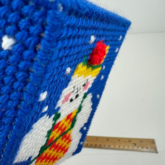 Vtg Handmade Square Blue Tissue Box Cover Snowman Winter Plastic Canvas Yarn - Picture 8 of 11